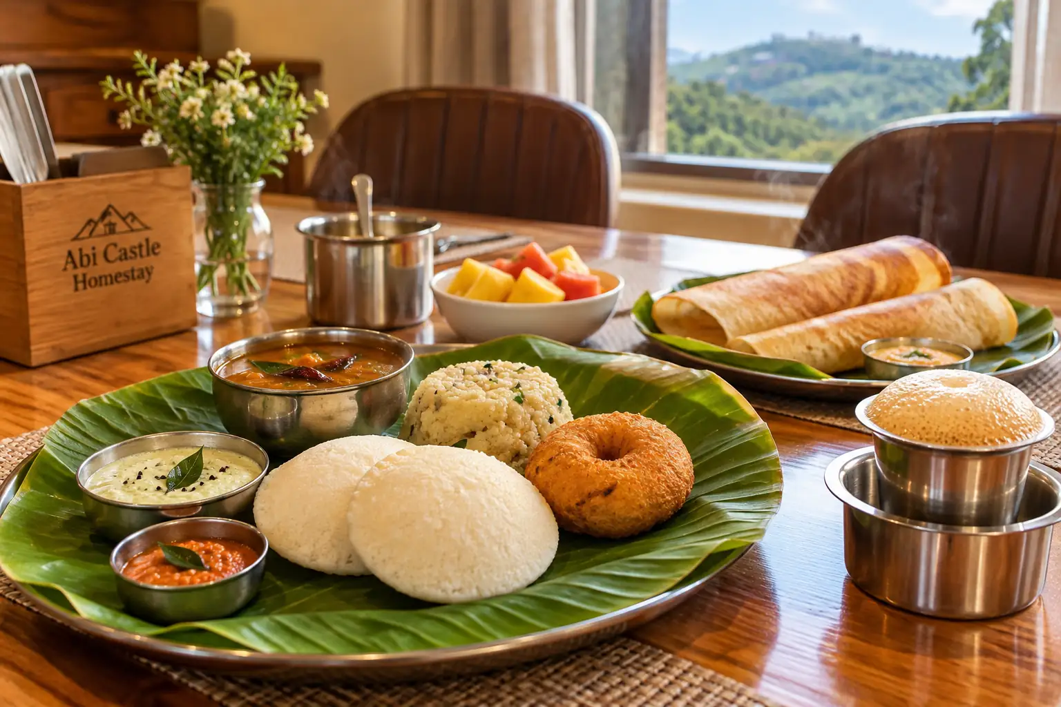 South Indian breakfast with idli, dosa, vada and coffee